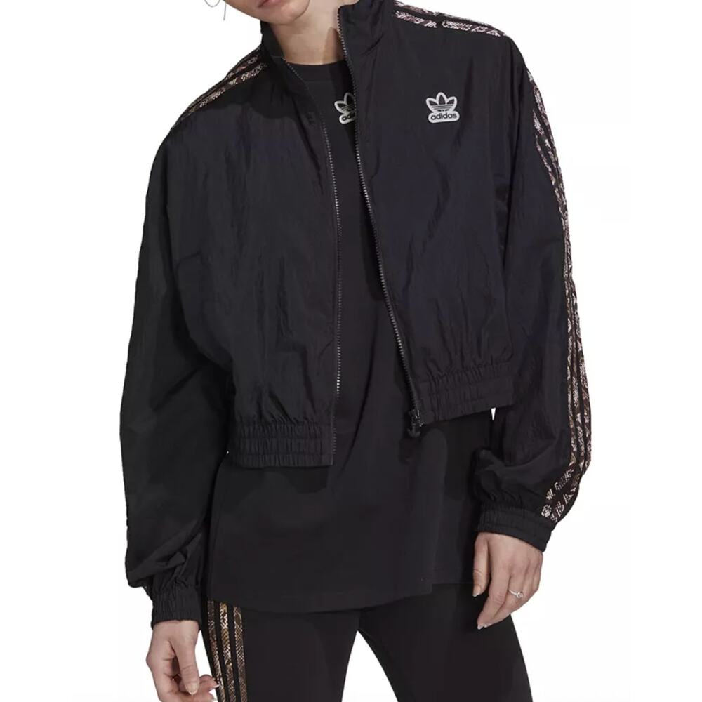 adidas Women's Snake Print 3 Stripes Windbreaker Size Medium Black Jacket
